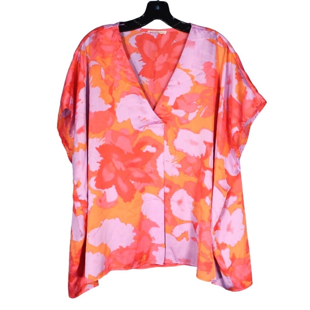 ENTRO Orange/Coral TROPICAL FLORAL Satin V-NECK Flowy BLOUSE/TOP Sz M